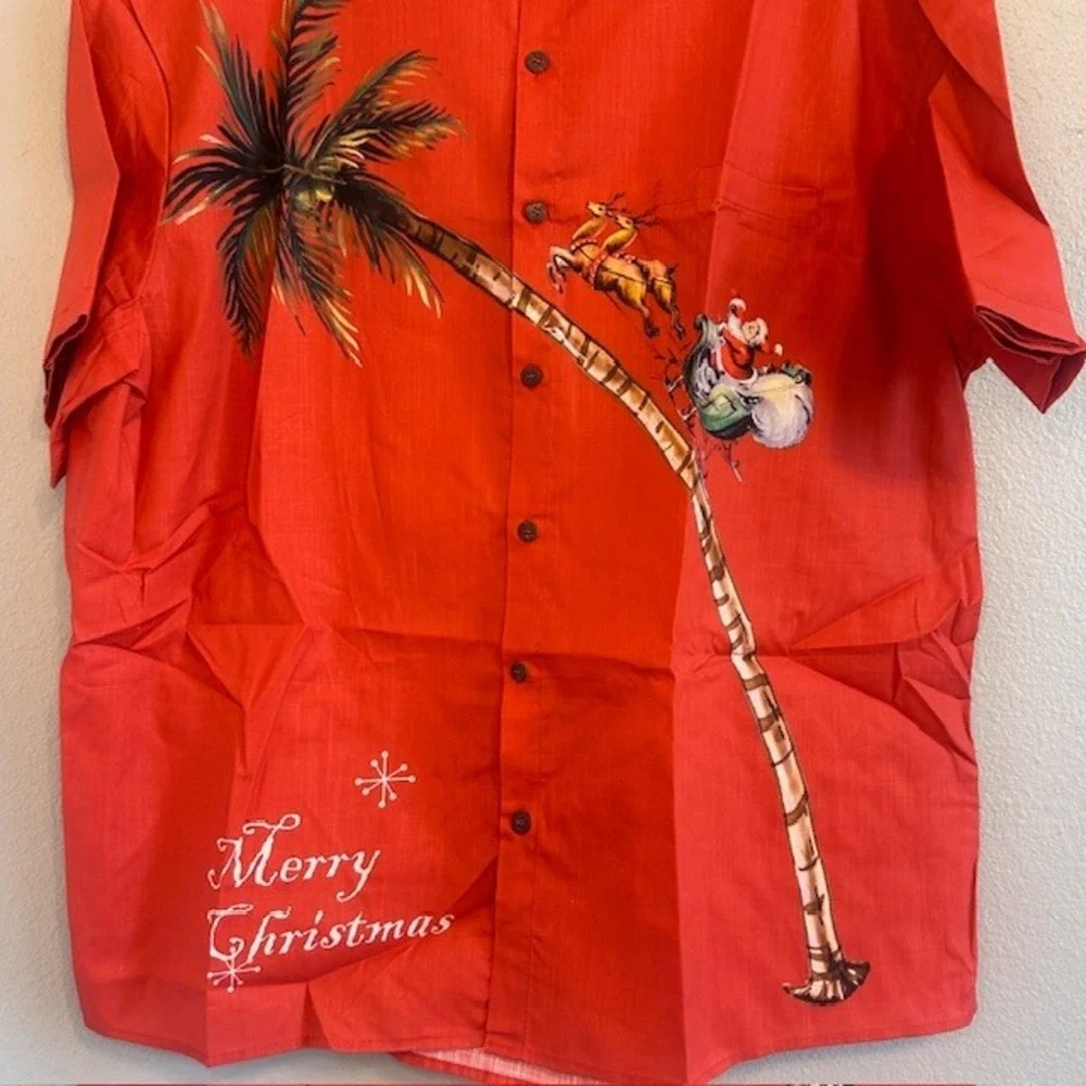 Eleven Oasis Men's Red Merry Christmas Santa Palm Tree Button Up Cotton Shirt XL